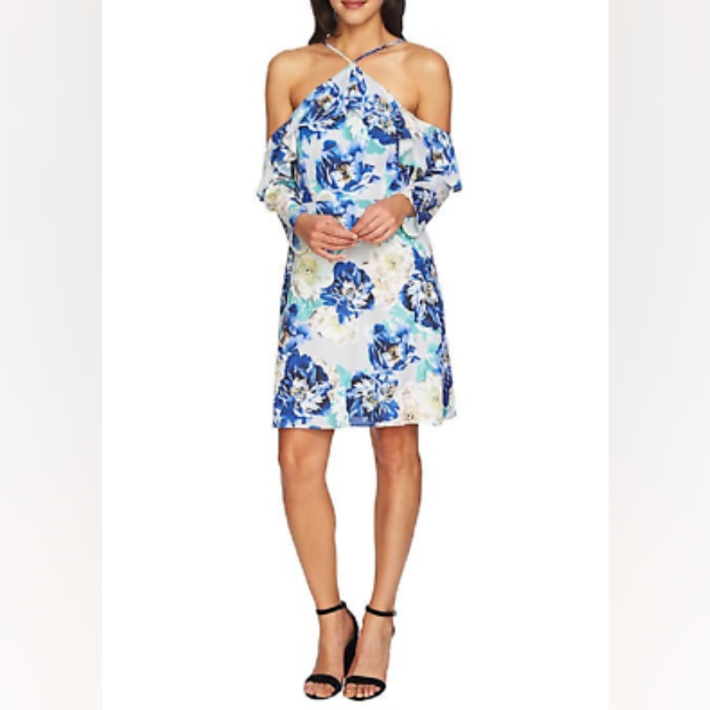 CeCe BLUE FLORAL RUFFLE COLD SHOULDER SLEEVES Size 2